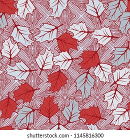 A seamless pattern consisting of chaotically located woody leaves.
The leaves are on the background of the formations of parquet-like slabs.