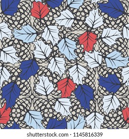 A seamless pattern consisting of chaotically located woody leaves.
The leaves are on the background of the square formations drawn by the arcs.