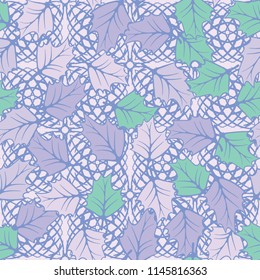 A seamless pattern consisting of chaotically located woody leaves.
The leaves are on the background of the square formations drawn by the arcs.