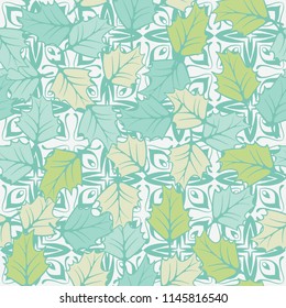 A seamless pattern consisting of chaotically located woody leaves.
The leaves are on a background of cross-shaped figures resembling flowers.