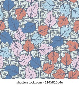 A seamless pattern consisting of chaotically located woody leaves.
The leaves are on the background of cross-shaped strokes.