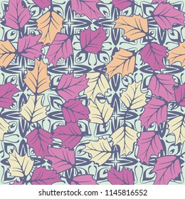 A seamless pattern consisting of chaotically located woody leaves.
The leaves are on a background of cross-shaped figures resembling flowers.