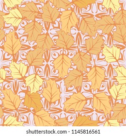 A seamless pattern consisting of chaotically located woody leaves.
The leaves are on a background of cross-shaped figures resembling flowers.