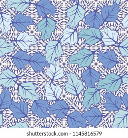 A seamless pattern consisting of chaotically located woody leaves.
The leaves are on a background of square areas filled with spray.