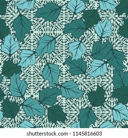 A seamless pattern consisting of chaotically located woody leaves.
The leaves are on a background of square areas filled with spray.