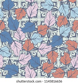A seamless pattern consisting of chaotically located woody leaves.
The leaves are on a background of cross-shaped figures resembling flowers.