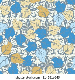 A seamless pattern consisting of chaotically located woody leaves.
The leaves are on a background of cross-shaped figures resembling flowers.