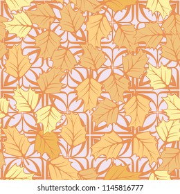 A seamless pattern consisting of chaotically located woody leaves.
The leaves are on a background of symbolic four-petalled flowers.