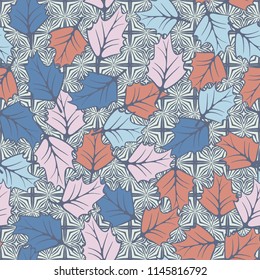 A seamless pattern consisting of chaotically located woody leaves.
The leaves are on the background of symbolic four-pointed stars and crosses.