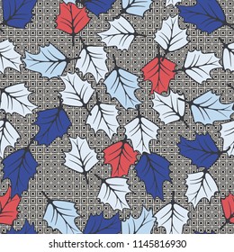 A seamless pattern consisting of chaotically located woody leaves.
The leaves are on a background of symbolic four-pointed stars inscribed in squares.