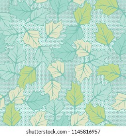 A seamless pattern consisting of chaotically located woody leaves.
The leaves are on a background of symbolic four-pointed stars inscribed in squares.