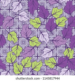 A seamless pattern consisting of chaotically located woody leaves.
The leaves are on the background of symbolic four-pointed stars and crosses.