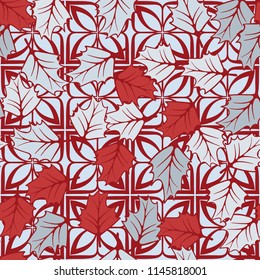 A seamless pattern consisting of chaotically located woody leaves.
The leaves are on a background of symbolic four-petalled flowers.