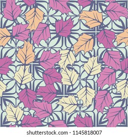 A seamless pattern consisting of chaotically located woody leaves.
The leaves are on a background of symbolic four-petalled flowers.