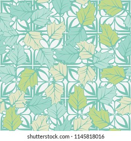 A seamless pattern consisting of chaotically located woody leaves.
The leaves are on a background of symbolic four-petalled flowers.