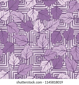 A seamless pattern consisting of chaotically located woody leaves.
The leaves are on a background of concentric squares.