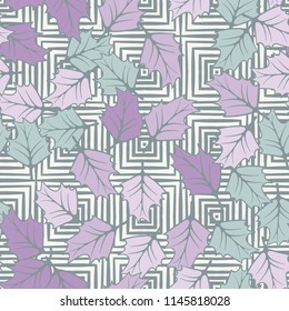 A seamless pattern consisting of chaotically located woody leaves.
The leaves are on a background of concentric squares.