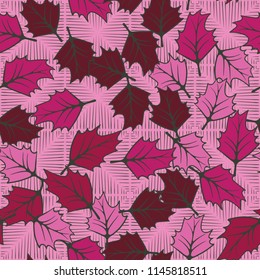 A seamless pattern consisting of chaotically located woody leaves.
The leaves are on the background of squares, which are drawn with rare strokes.