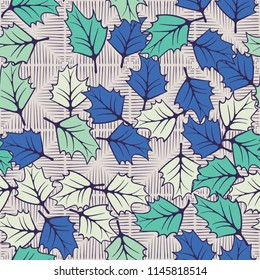 A seamless pattern consisting of chaotically located woody leaves.
The leaves are on the background of squares, which are drawn with rare strokes.