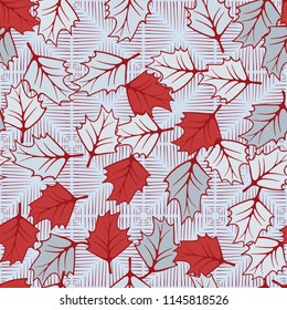 A seamless pattern consisting of chaotically located woody leaves.
The leaves are on the background of squares, which are drawn with rare strokes.