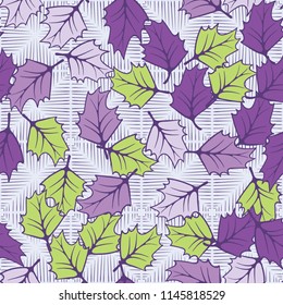 A seamless pattern consisting of chaotically located woody leaves.
The leaves are on the background of squares, which are drawn with rare strokes.