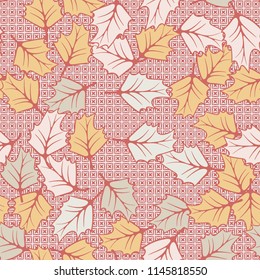 A seamless pattern consisting of chaotically located woody leaves.
The leaves are on a background of symbolic four-pointed stars inscribed in squares.