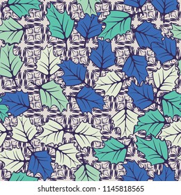 A seamless pattern consisting of chaotically located woody leaves.
The leaves are on the background of cross-shaped strokes.