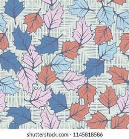 A seamless pattern consisting of chaotically located woody leaves.
The leaves are on the background of squares, which are drawn with rare strokes.