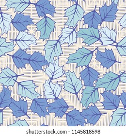 A seamless pattern consisting of chaotically located woody leaves.
The leaves are on the background of squares, which are drawn with rare strokes.