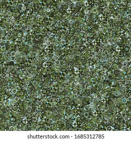 Seamless pattern consisting of checkered background and circles scattered randomly. The colors of the green jungle. The picture contains ascending dynamic groups of elements.