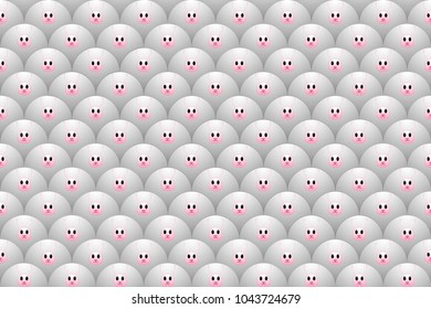 A seamless pattern consisting of chicken eggs in a realistic color and shape, adorned with cute rabbits. Vector illustration.