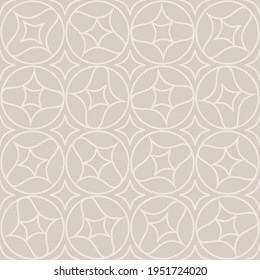 Seamless pattern consisting of circles, non-standard shapes and four-pointed stars. Beige and brown colors.