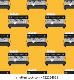 Seamless pattern consisting of coffee, aeropress, coffemachine on a yellow background. Prints for coffee, establishments. Creative vector background. Colorful bright picture.