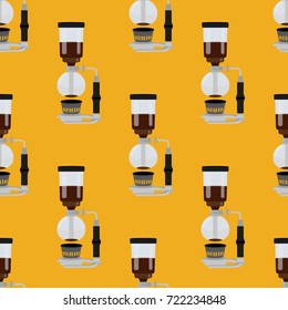 Seamless pattern consisting of coffee, airpress, syphon on a yellow background. Prints for coffee, establishments. Creative vector background. Colorful bright picture.