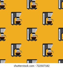 Seamless pattern consisting of coffee, airpress, aeropress, coffemachine on a yellow background. Prints for coffee, cafe, establishments. Creative vector background. Colorful bright picture.