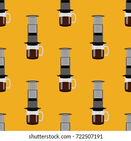 Seamless pattern consisting of coffee, airpress, aeropress, coffemachine on a yellow background. Prints for coffee, cafe, establishments. Creative vector background. Colorful bright picture.