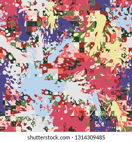 Seamless pattern consisting of colored dynamic blots.
The background is pixel camouflage. Editable.