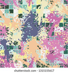 Seamless pattern consisting of colored dynamic blots.
The background consists of rows of rounded squares. Easy to edit.
