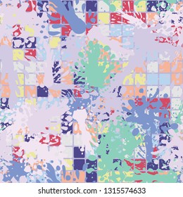 Seamless pattern consisting of colored dynamic blots.
The background consists of rows of rounded squares. Easy to edit.