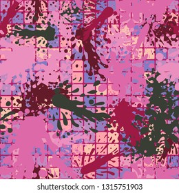 Seamless pattern consisting of colored dynamic blots.
The background consists of rows of rounded squares. Easy to edit.