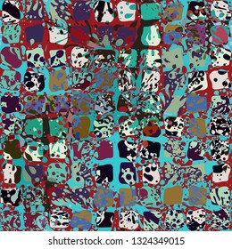 Seamless pattern consisting of colored dynamic blots.
Another layer consists of uneven quadrangles. Editable.