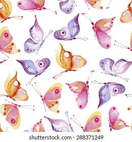 seamless pattern consisting of colorful butterflies, watercolor