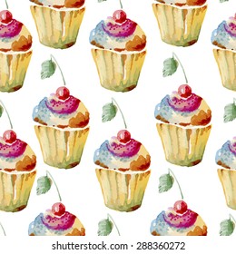 seamless pattern consisting of colorful cupcakes with a cherry, watercolor
