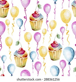 seamless pattern consisting of colorful cupcakes with a cherry and multi-colored balloons, watercolor