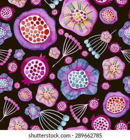 seamless pattern consisting of colorful flowers, inflorescences, pomegranate halves, watercolor on dark brown background