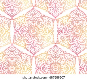 Seamless pattern consisting of colorful mandalas. Eco style. White background. Vector illustration.