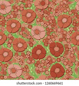 A seamless pattern consisting of copper flowers arranged on a two-layer abstract ornament.
