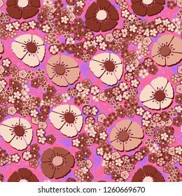 A seamless pattern consisting of copper flowers arranged on a two-layer abstract ornament.