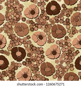 A seamless pattern consisting of copper flowers arranged on a background of square suns.