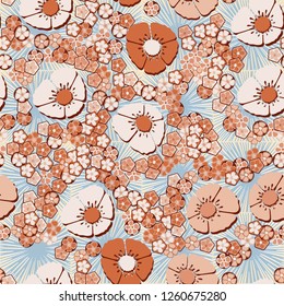 A seamless pattern consisting of copper flowers arranged on a background of square suns.